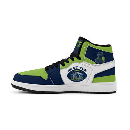Seattle football-inspired high top sneakers with all-over city graphic printed upper