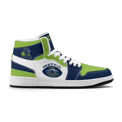 Seattle football-inspired high top sneakers with all-over city graphic printed upper