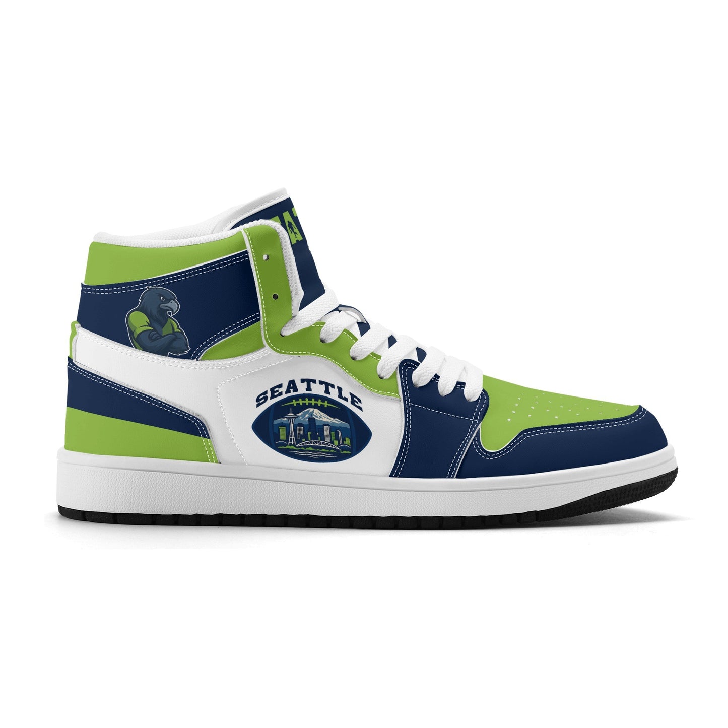 Seattle football-inspired high top sneakers with all-over city graphic printed upper