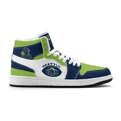 Seattle football-inspired high top sneakers with all-over city graphic printed upper