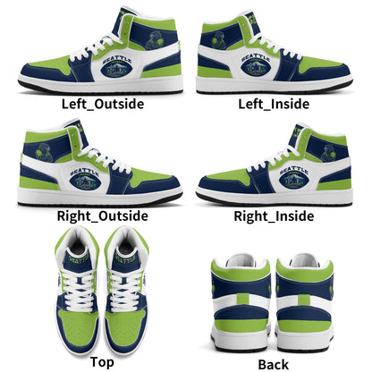 Seattle football-inspired high top sneakers with all-over city graphic printed upper