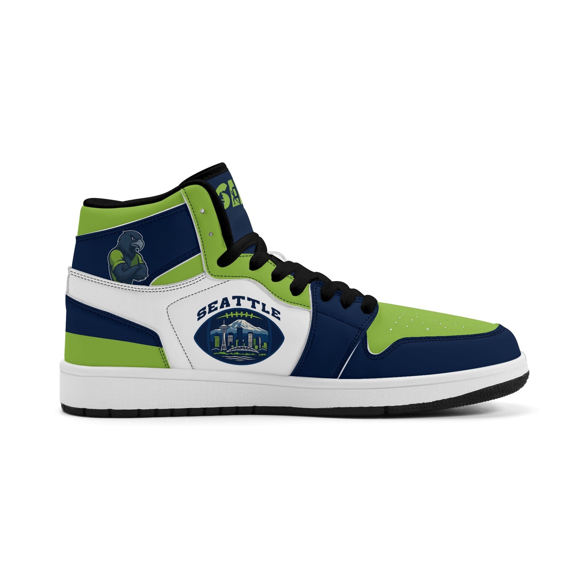 Seattle football-inspired high top sneakers with all-over city graphic printed upper