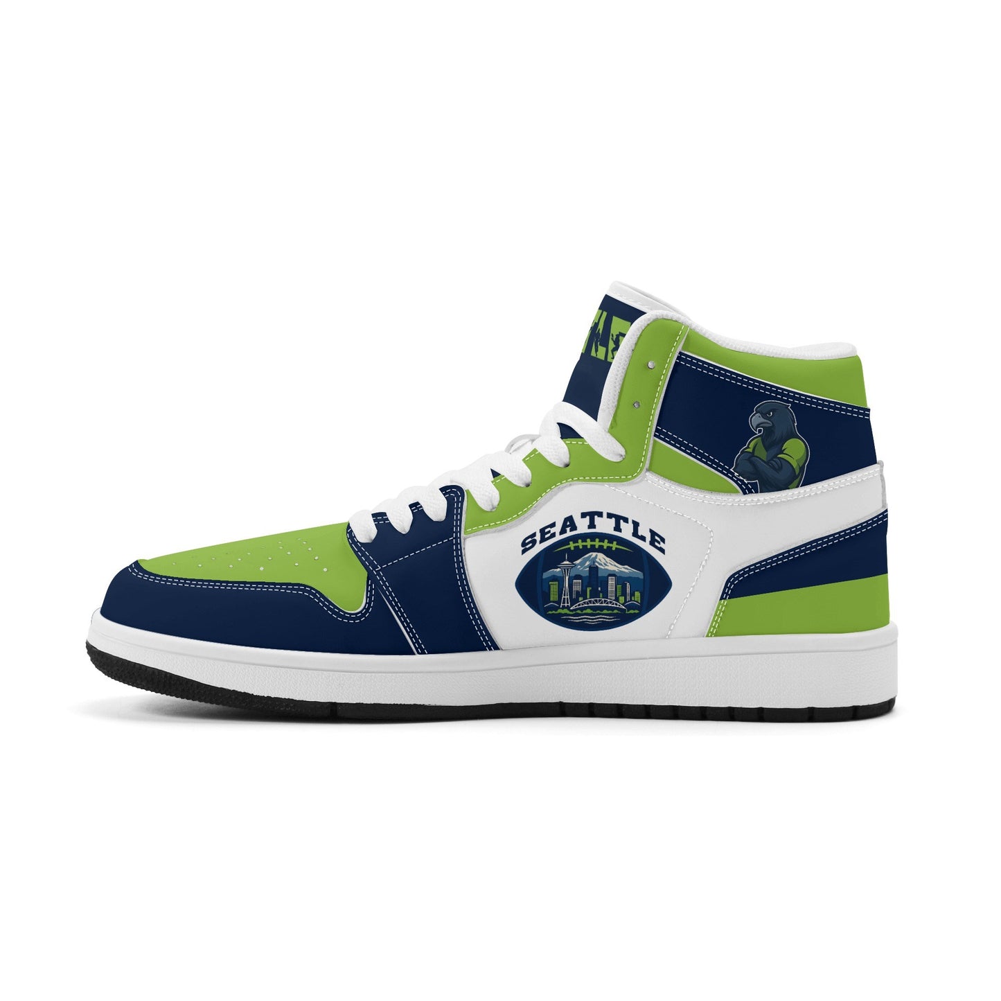 Seattle football-inspired high top sneakers with all-over city graphic printed upper