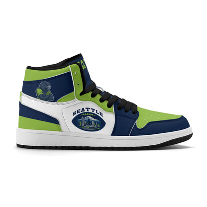 Seattle football-inspired high top sneakers with all-over city graphic printed upper