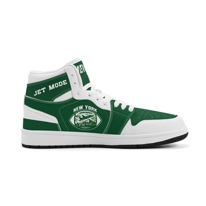 New York football-inspired high top sneakers in green with all-over city graphic printed upper
