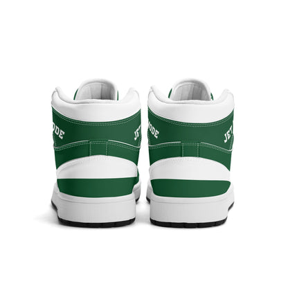 New York football-inspired high top sneakers in green with all-over city graphic printed upper