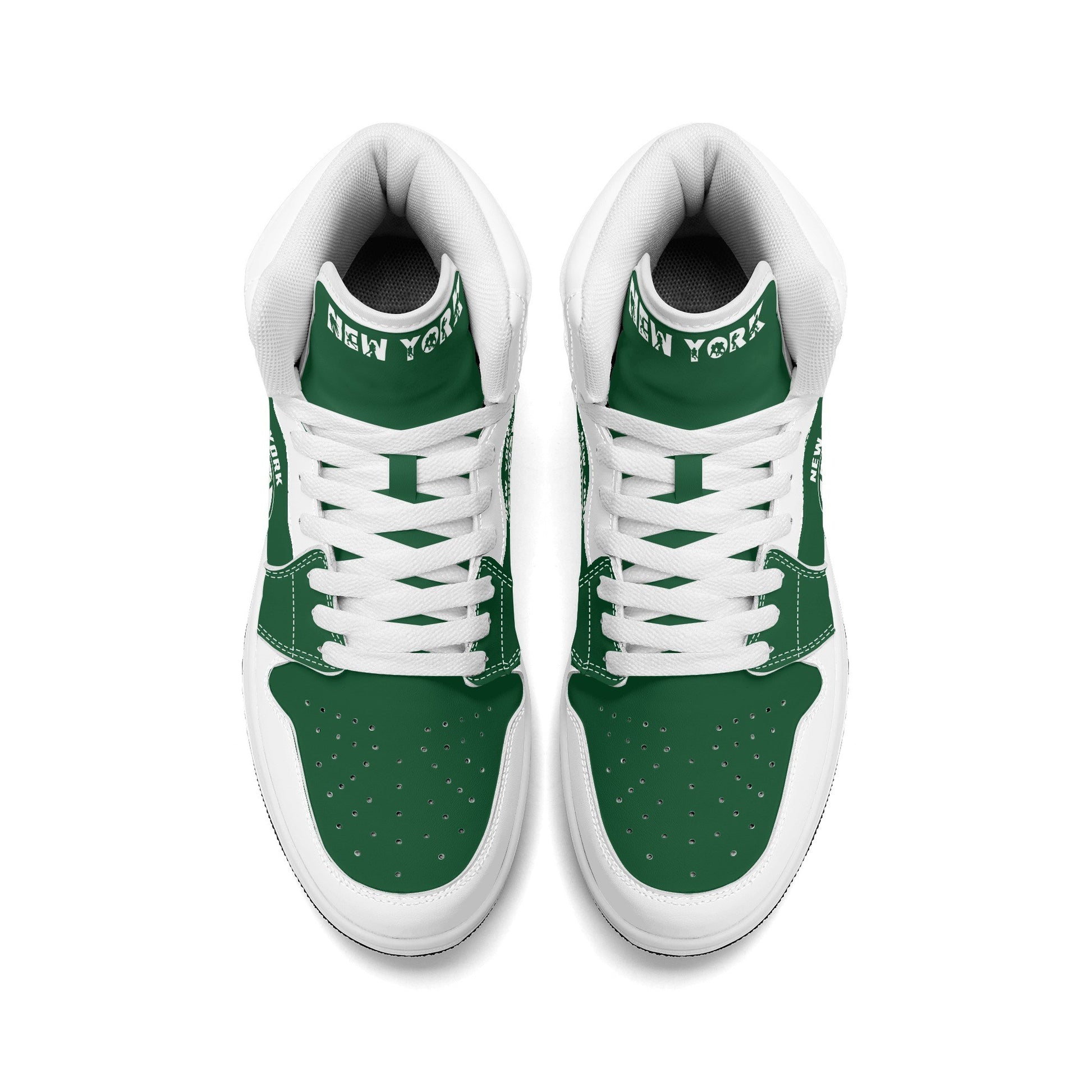 New York football-inspired high top sneakers in green with all-over city graphic printed upper