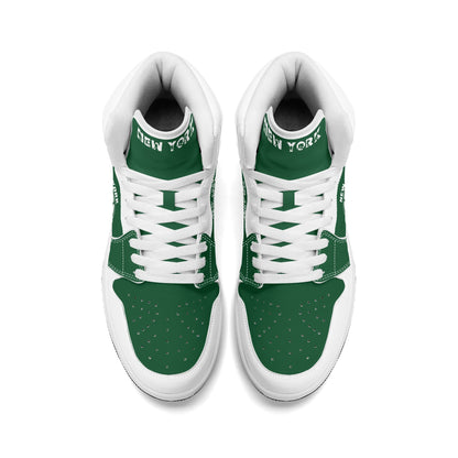 New York football-inspired high top sneakers in green with all-over city graphic printed upper