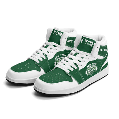 New York football-inspired high top sneakers in green with all-over city graphic printed upper