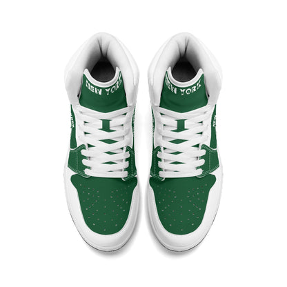 New York football-inspired high top sneakers in green with all-over city graphic printed upper