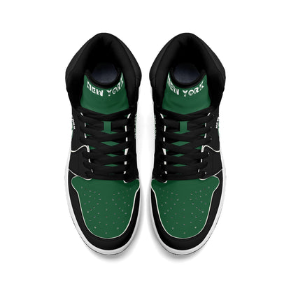 New York football-inspired high top sneakers in green with all-over city graphic printed upper
