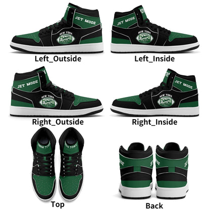 New York football-inspired high top sneakers in green with all-over city graphic printed upper