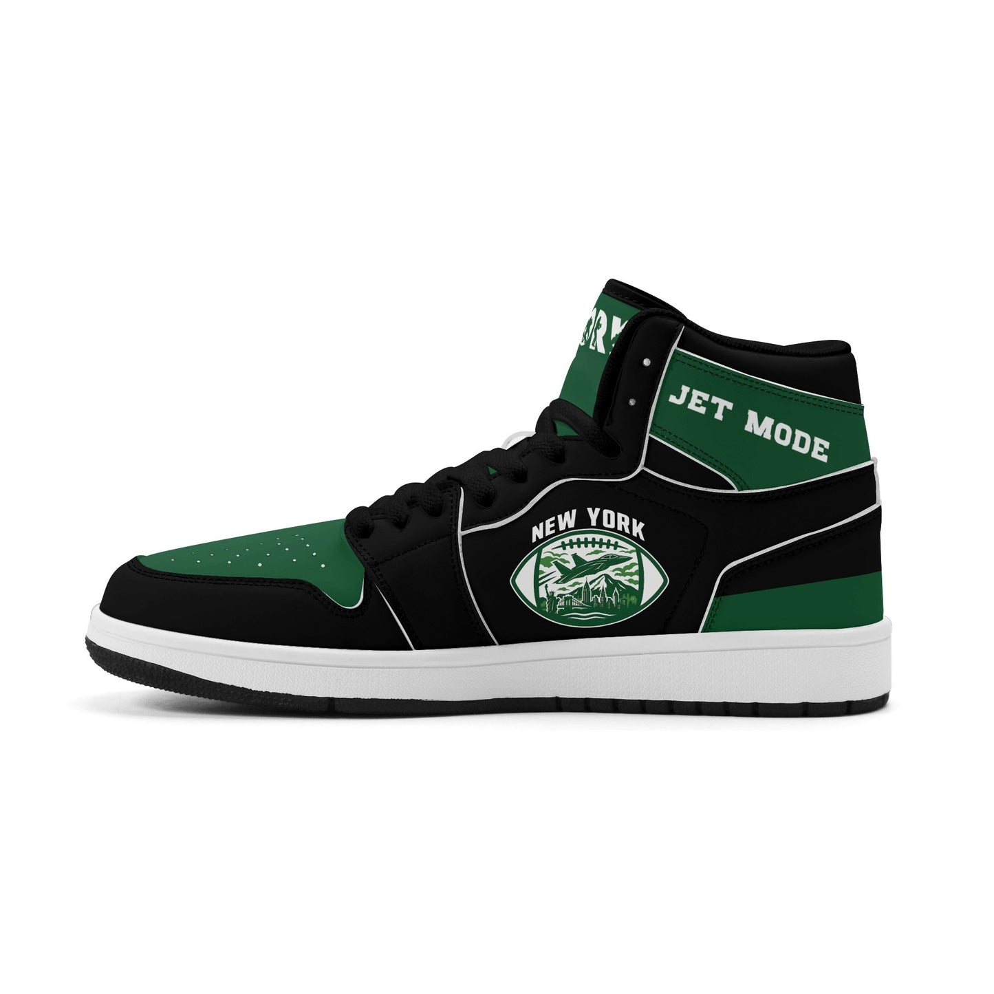 New York football-inspired high top sneakers in green with all-over city graphic printed upper