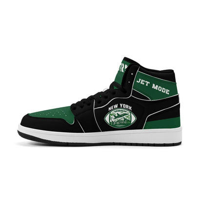 New York football-inspired high top sneakers in green with all-over city graphic printed upper