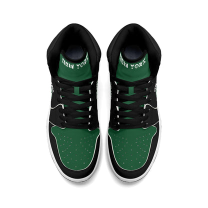 New York football-inspired high top sneakers in green with all-over city graphic printed upper