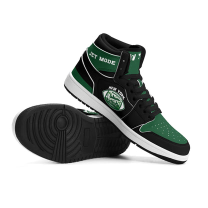 New York football-inspired high top sneakers in green with all-over city graphic printed upper