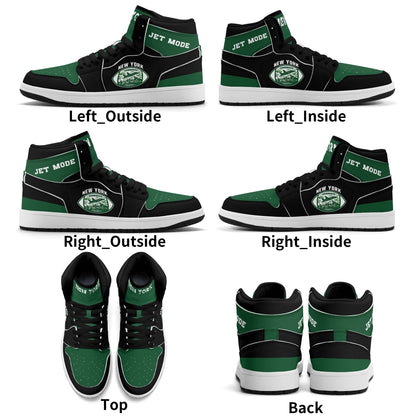 New York football-inspired high top sneakers in green with all-over city graphic printed upper