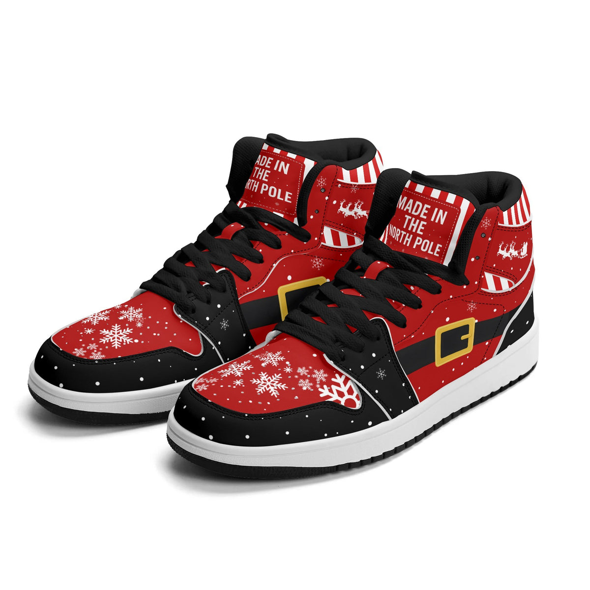 Santa suit Christmas high tops in red and black, three-quarter view of the pair, black insole version