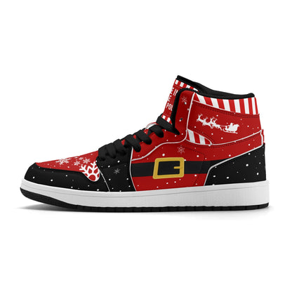 Santa suit Christmas high tops in red and black, side view with the black belt, gold buckle and sleigh on the collar, black insole version
