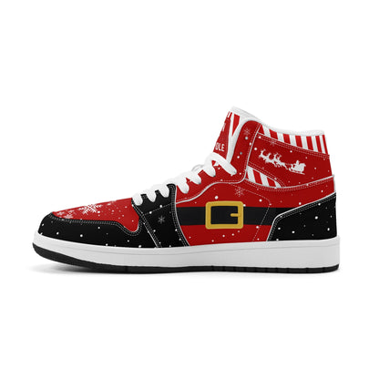 Santa suit Christmas high tops in red and black, side view with the black belt, gold buckle and sleigh on the collar, white insole version