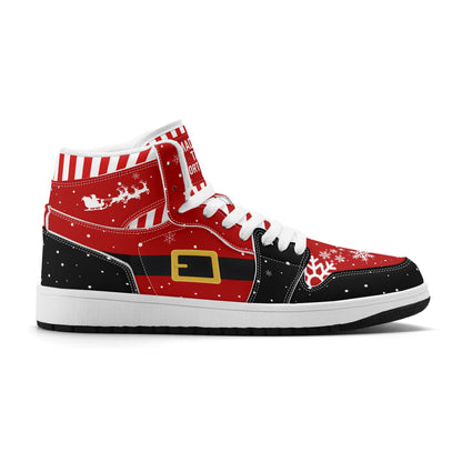 Santa suit Christmas high tops in red and black, side view with the black belt, gold buckle and sleigh on the collar, white insole version
