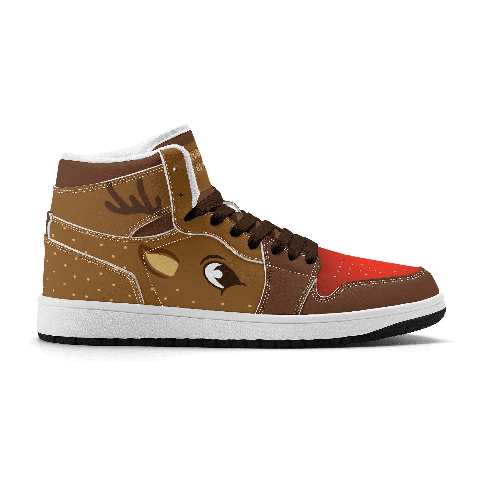 Rudolph reindeer Christmas Jamrock High top sneakers in brown and tan with a red nose toe cap, antler detail, cartoon reindeer eye and a spotted tan flank