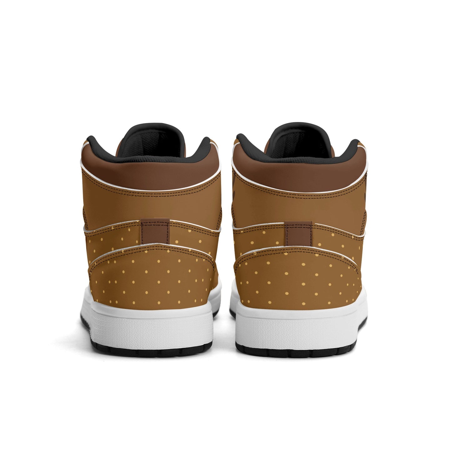Rudolph reindeer Christmas Jamrock High top sneakers in brown and tan with a red nose toe cap, antler detail, cartoon reindeer eye and a spotted tan flank