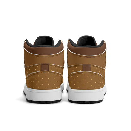 Rudolph reindeer Christmas Jamrock High top sneakers in brown and tan with a red nose toe cap, antler detail, cartoon reindeer eye and a spotted tan flank