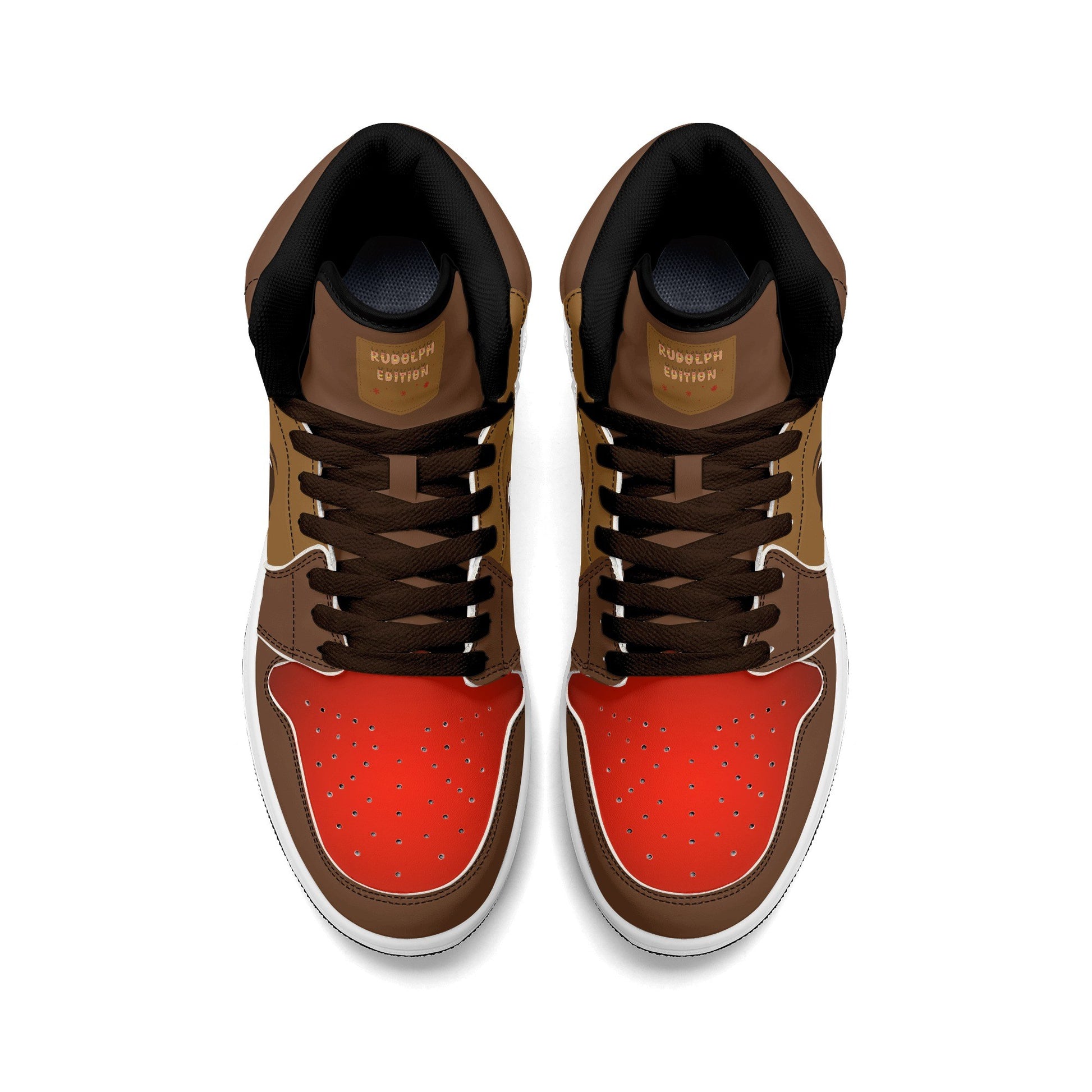 Rudolph reindeer Christmas Jamrock High top sneakers in brown and tan with a red nose toe cap, antler detail, cartoon reindeer eye and a spotted tan flank