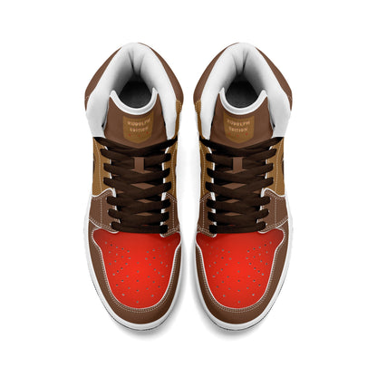 Rudolph reindeer Christmas Jamrock High top sneakers in brown and tan with a red nose toe cap, antler detail, cartoon reindeer eye and a spotted tan flank