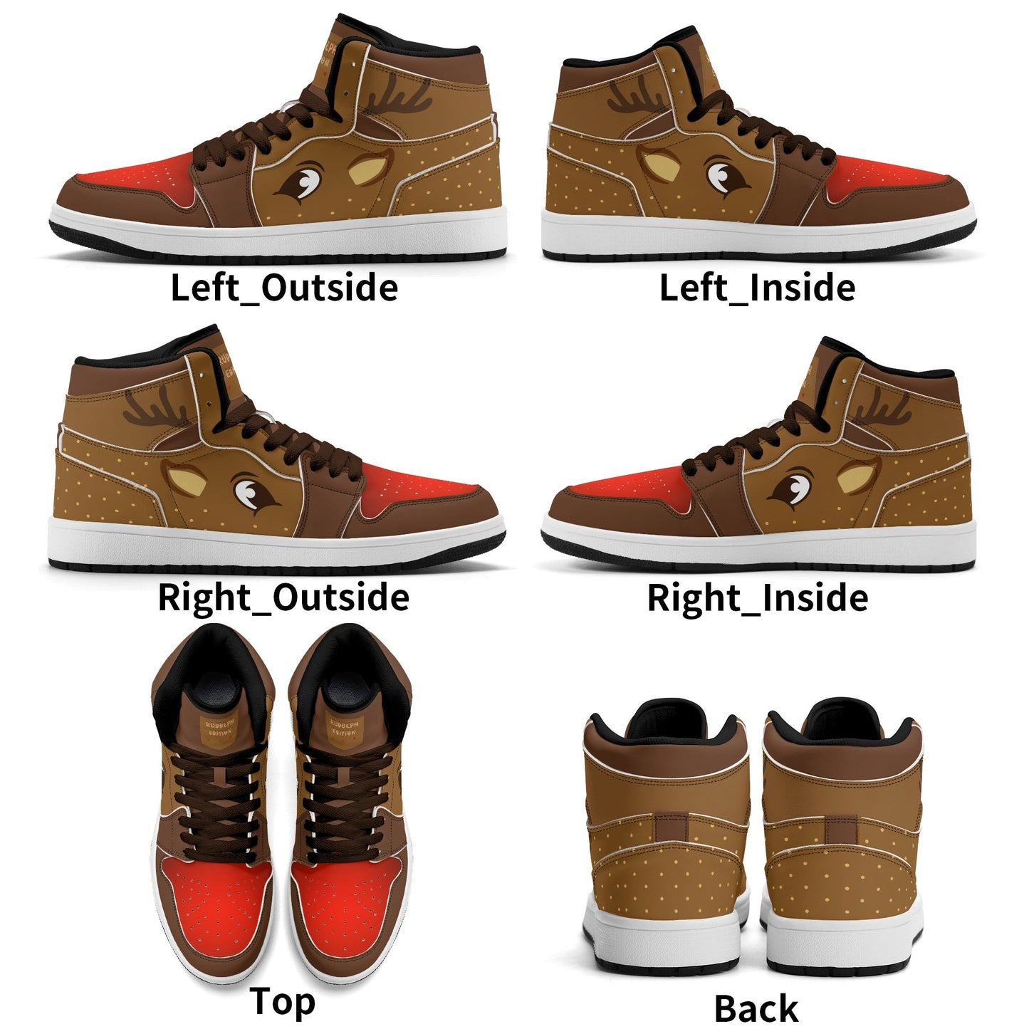 Rudolph reindeer Christmas Jamrock High top sneakers in brown and tan with a red nose toe cap, antler detail, cartoon reindeer eye and a spotted tan flank