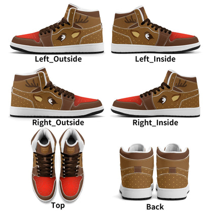 Rudolph reindeer Christmas Jamrock High top sneakers in brown and tan with a red nose toe cap, antler detail, cartoon reindeer eye and a spotted tan flank