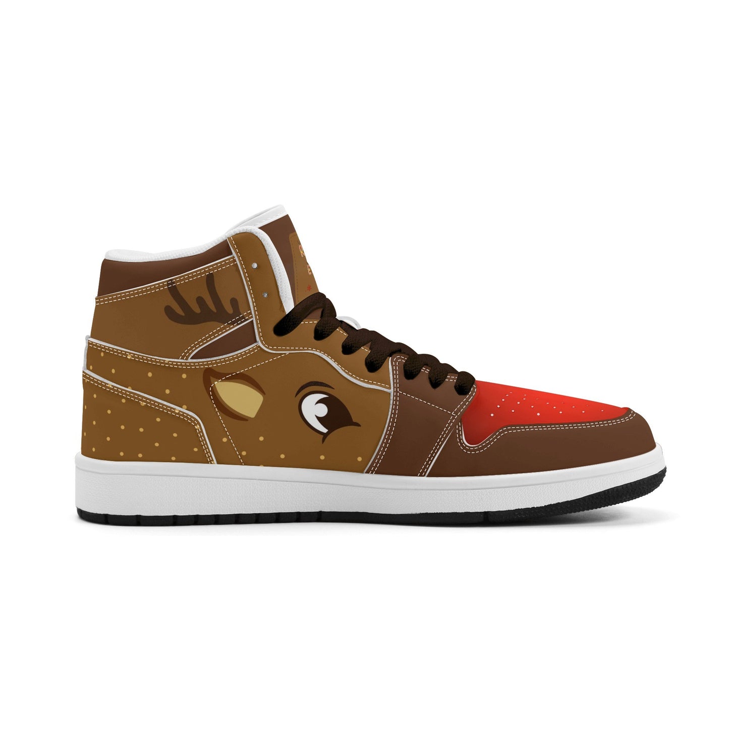 Rudolph reindeer Christmas Jamrock High top sneakers in brown and tan with a red nose toe cap, antler detail, cartoon reindeer eye and a spotted tan flank