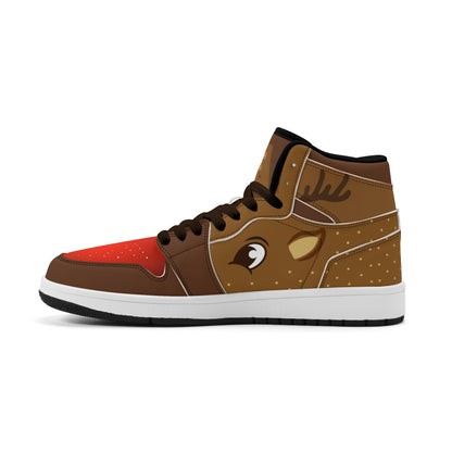 Rudolph reindeer Christmas Jamrock High top sneakers in brown and tan with a red nose toe cap, antler detail, cartoon reindeer eye and a spotted tan flank