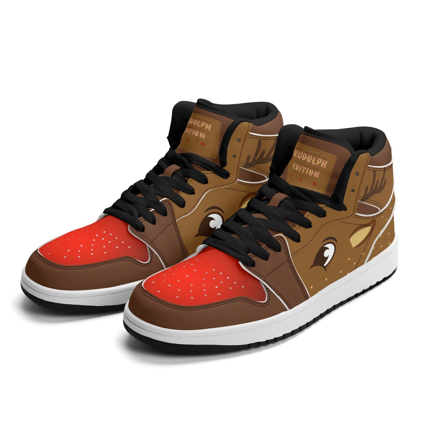 Rudolph reindeer Christmas Jamrock High top sneakers in brown and tan with a red nose toe cap, antler detail, cartoon reindeer eye and a spotted tan flank