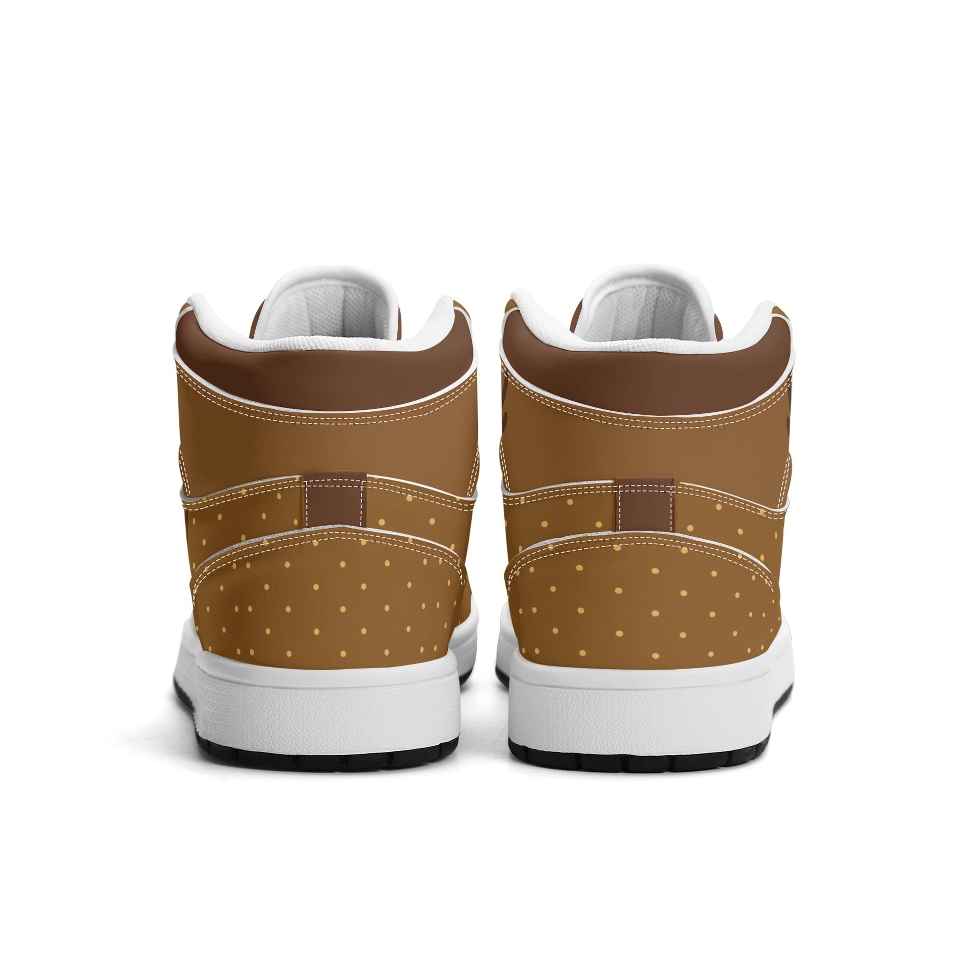Rudolph reindeer Christmas Jamrock High top sneakers in brown and tan with a red nose toe cap, antler detail, cartoon reindeer eye and a spotted tan flank