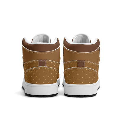 Rudolph reindeer Christmas Jamrock High top sneakers in brown and tan with a red nose toe cap, antler detail, cartoon reindeer eye and a spotted tan flank