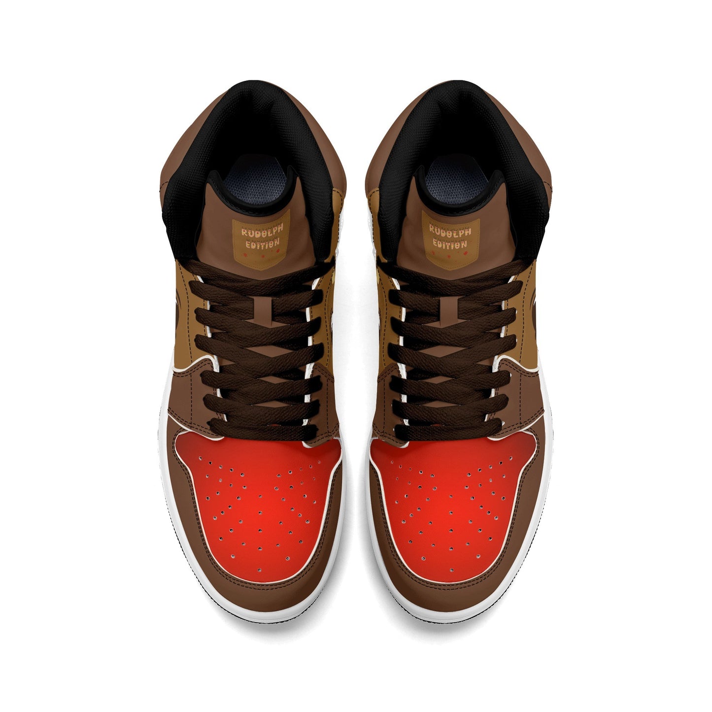 Rudolph reindeer Christmas Jamrock High top sneakers in brown and tan with a red nose toe cap, antler detail, cartoon reindeer eye and a spotted tan flank