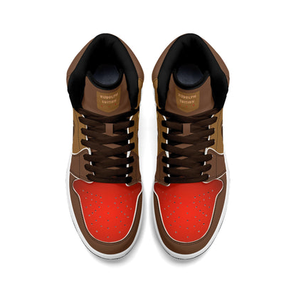 Rudolph reindeer Christmas Jamrock High top sneakers in brown and tan with a red nose toe cap, antler detail, cartoon reindeer eye and a spotted tan flank