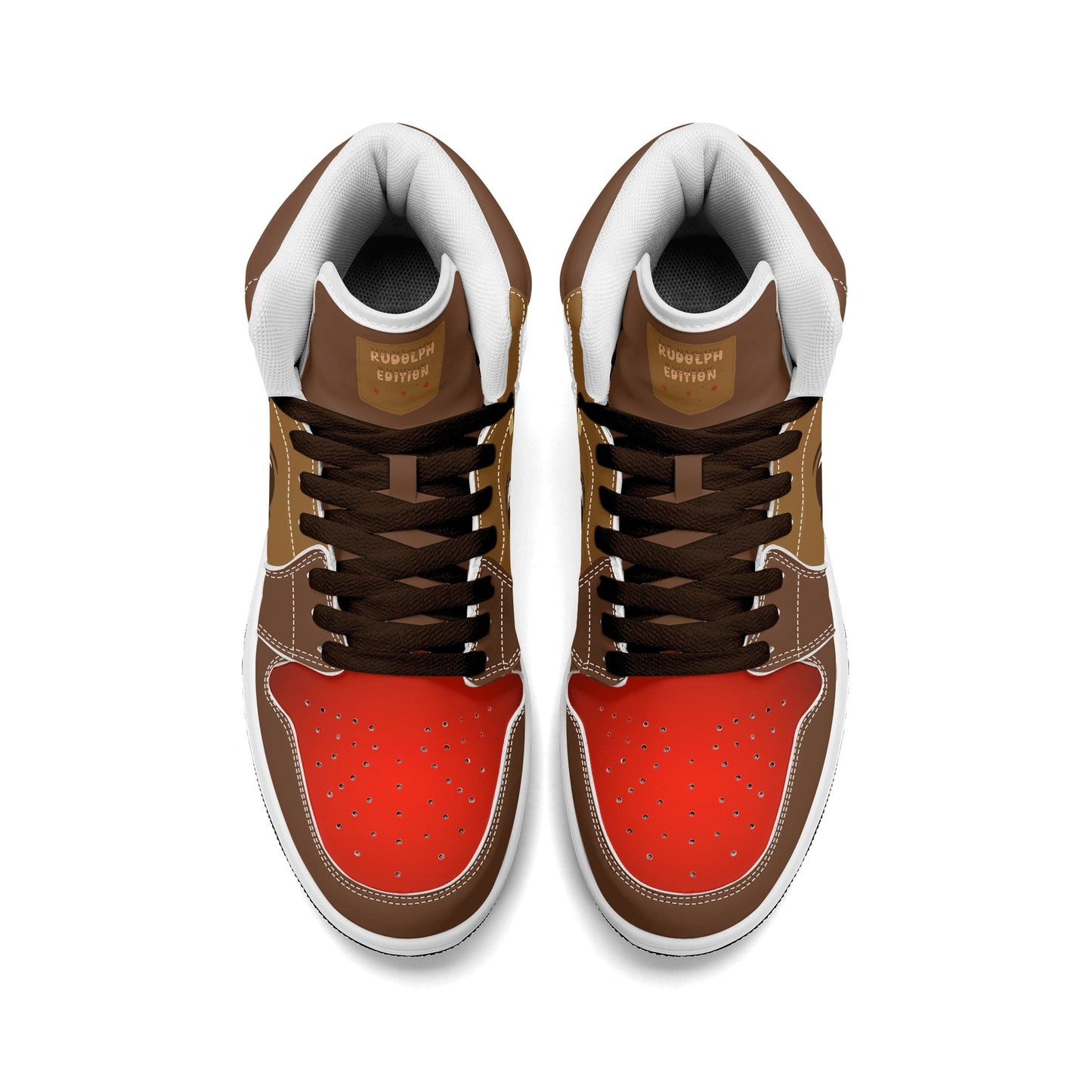Rudolph reindeer Christmas Jamrock High top sneakers in brown and tan with a red nose toe cap, antler detail, cartoon reindeer eye and a spotted tan flank
