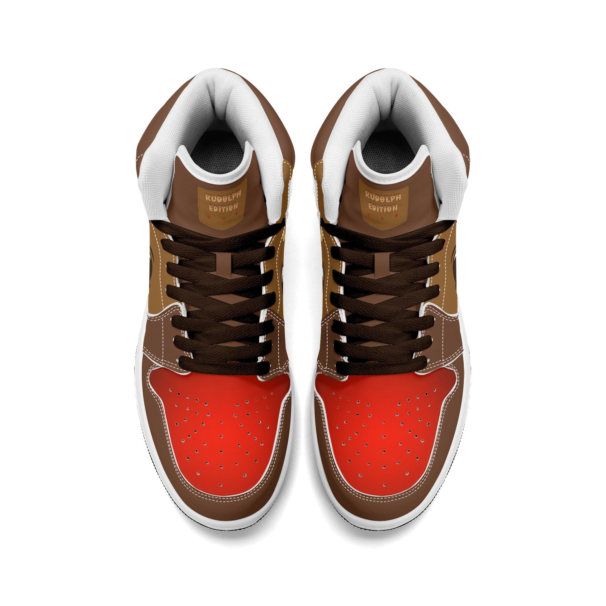 Rudolph reindeer Christmas Jamrock High top sneakers in brown and tan with a red nose toe cap, antler detail, cartoon reindeer eye and a spotted tan flank
