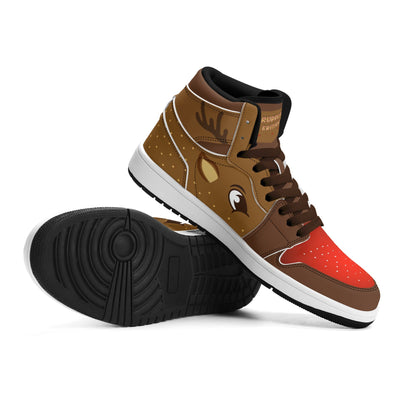 Rudolph reindeer Christmas Jamrock High top sneakers in brown and tan with a red nose toe cap, antler detail, cartoon reindeer eye and a spotted tan flank