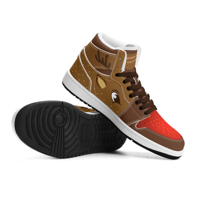 Rudolph reindeer Christmas Jamrock High top sneakers in brown and tan with a red nose toe cap, antler detail, cartoon reindeer eye and a spotted tan flank
