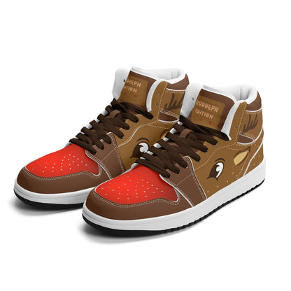 Rudolph reindeer Christmas Jamrock High top sneakers in brown and tan with a red nose toe cap, antler detail, cartoon reindeer eye and a spotted tan flank