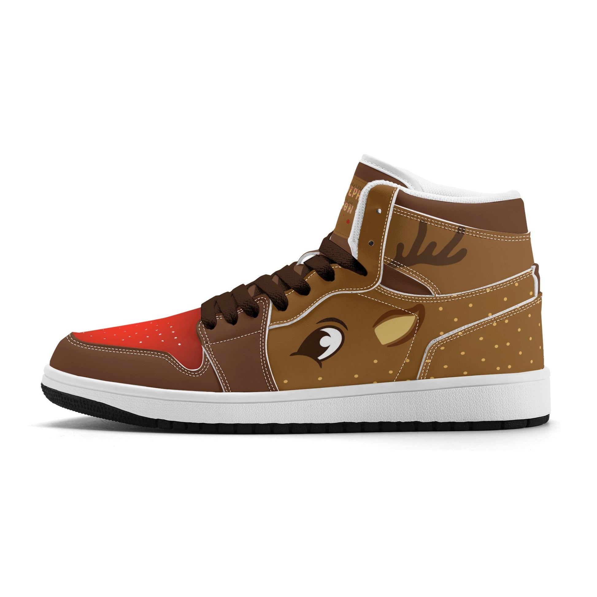 Rudolph reindeer Christmas Jamrock High top sneakers in brown and tan with a red nose toe cap, antler detail, cartoon reindeer eye and a spotted tan flank