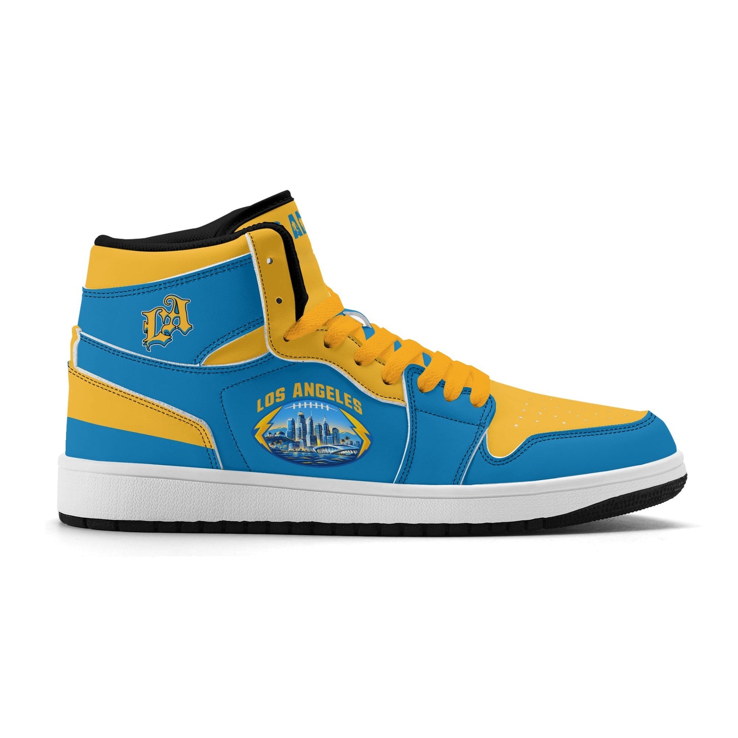Los Angeles football-inspired Jamrock High top sneakers in aqua and gold with LA monogram collar and skyline artwork inside a football