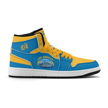 Los Angeles football-inspired Jamrock High top sneakers in aqua and gold with LA monogram collar and skyline artwork inside a football