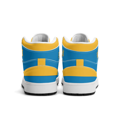 Los Angeles football-inspired Jamrock High top sneakers in aqua and gold with LA monogram collar and skyline artwork inside a football