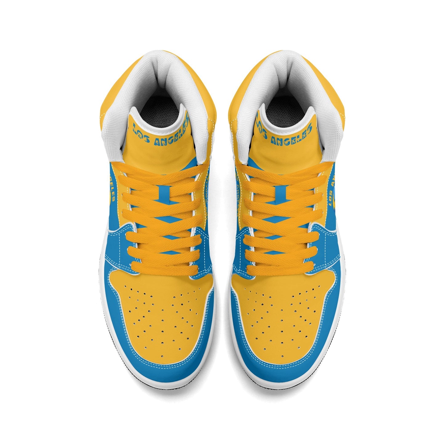 Los Angeles football-inspired Jamrock High top sneakers in aqua and gold with LA monogram collar and skyline artwork inside a football
