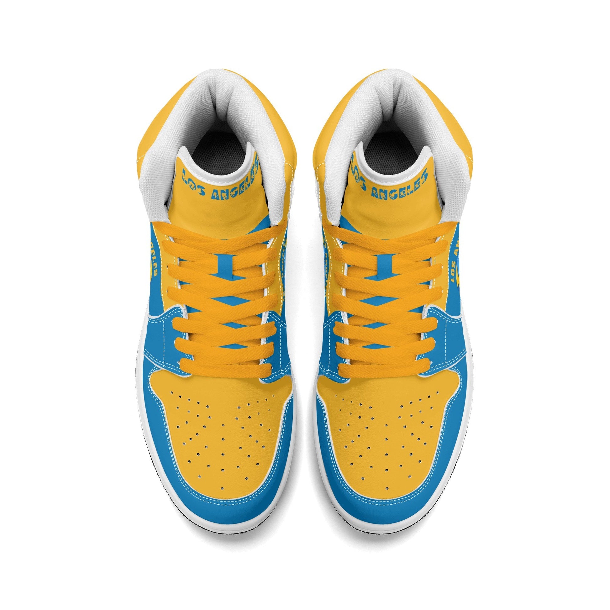 Los Angeles football-inspired Jamrock High top sneakers in aqua and gold with LA monogram collar and skyline artwork inside a football